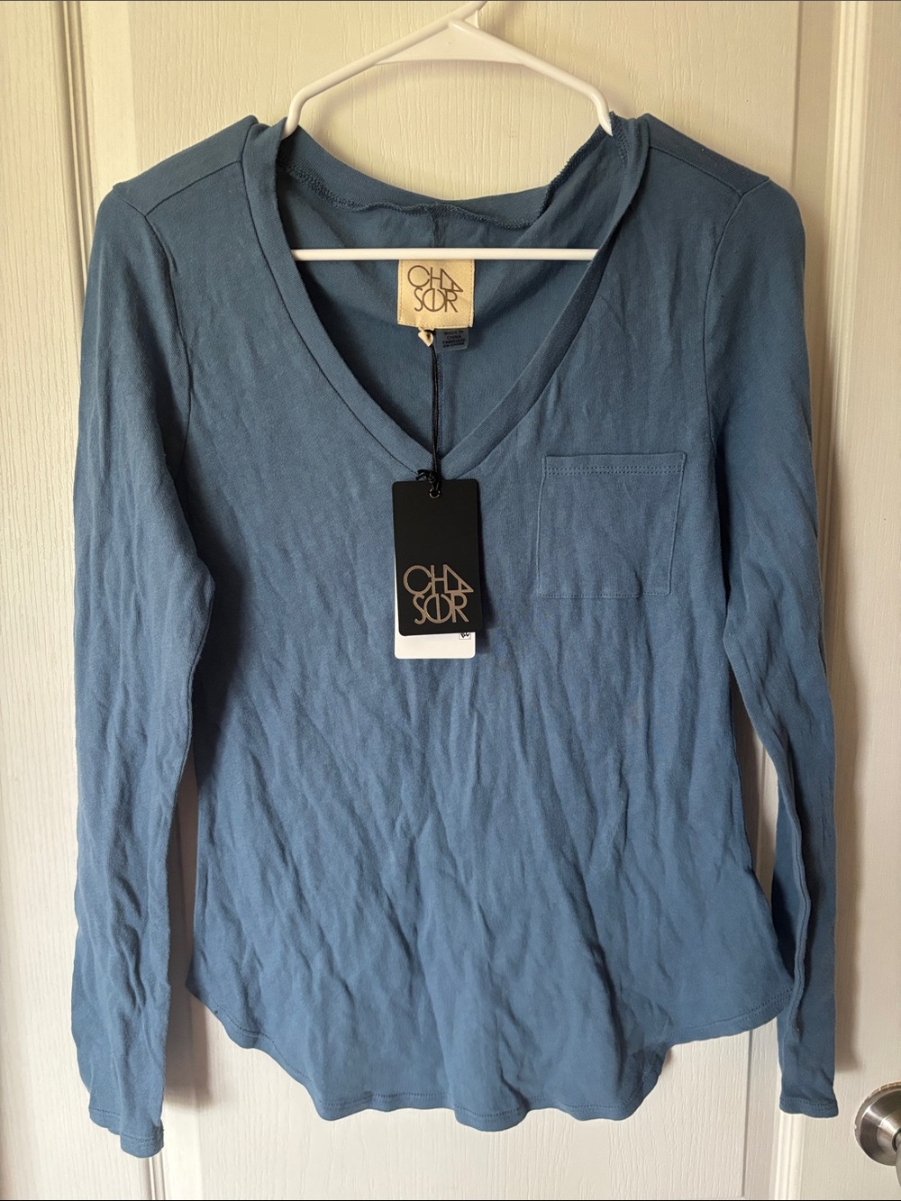 Chaser Long Sleeve V-Neck Pocket Tee - Dusty Blue